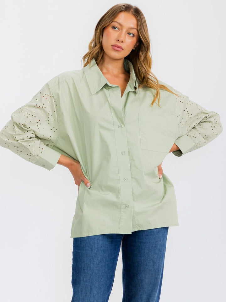WOMEN'S LONG SLEEVE BUTTON UP EYELET DETAILED BLOUSE TOP