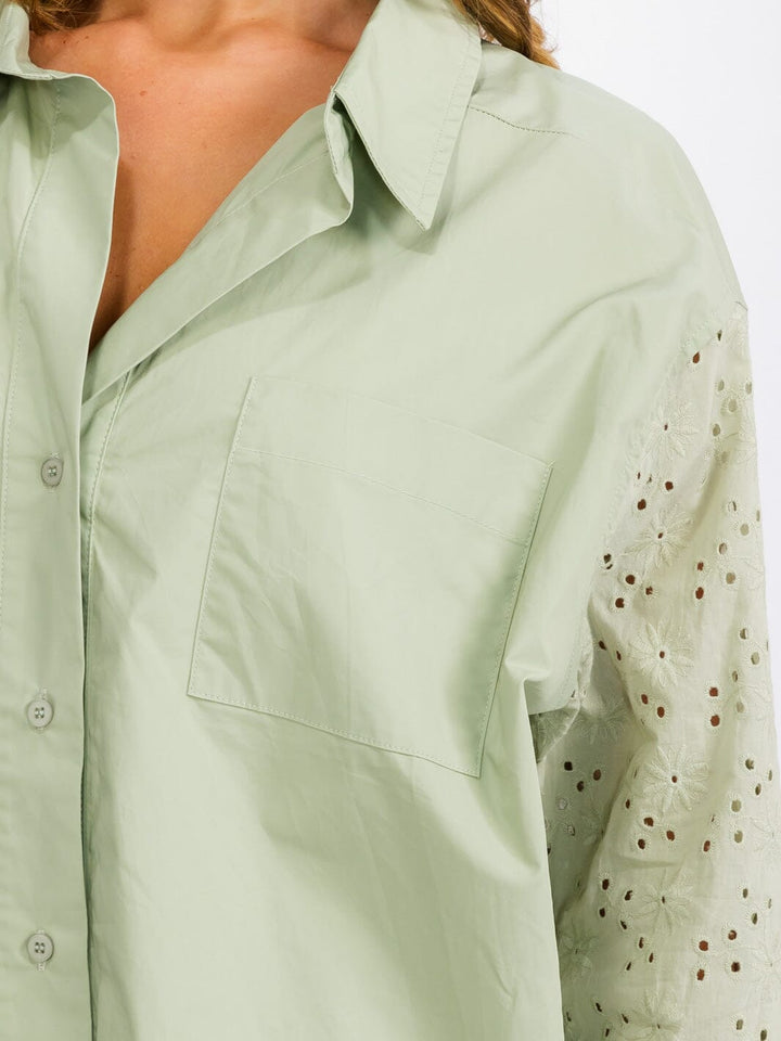 WOMEN'S LONG SLEEVE BUTTON UP EYELET DETAILED BLOUSE TOP