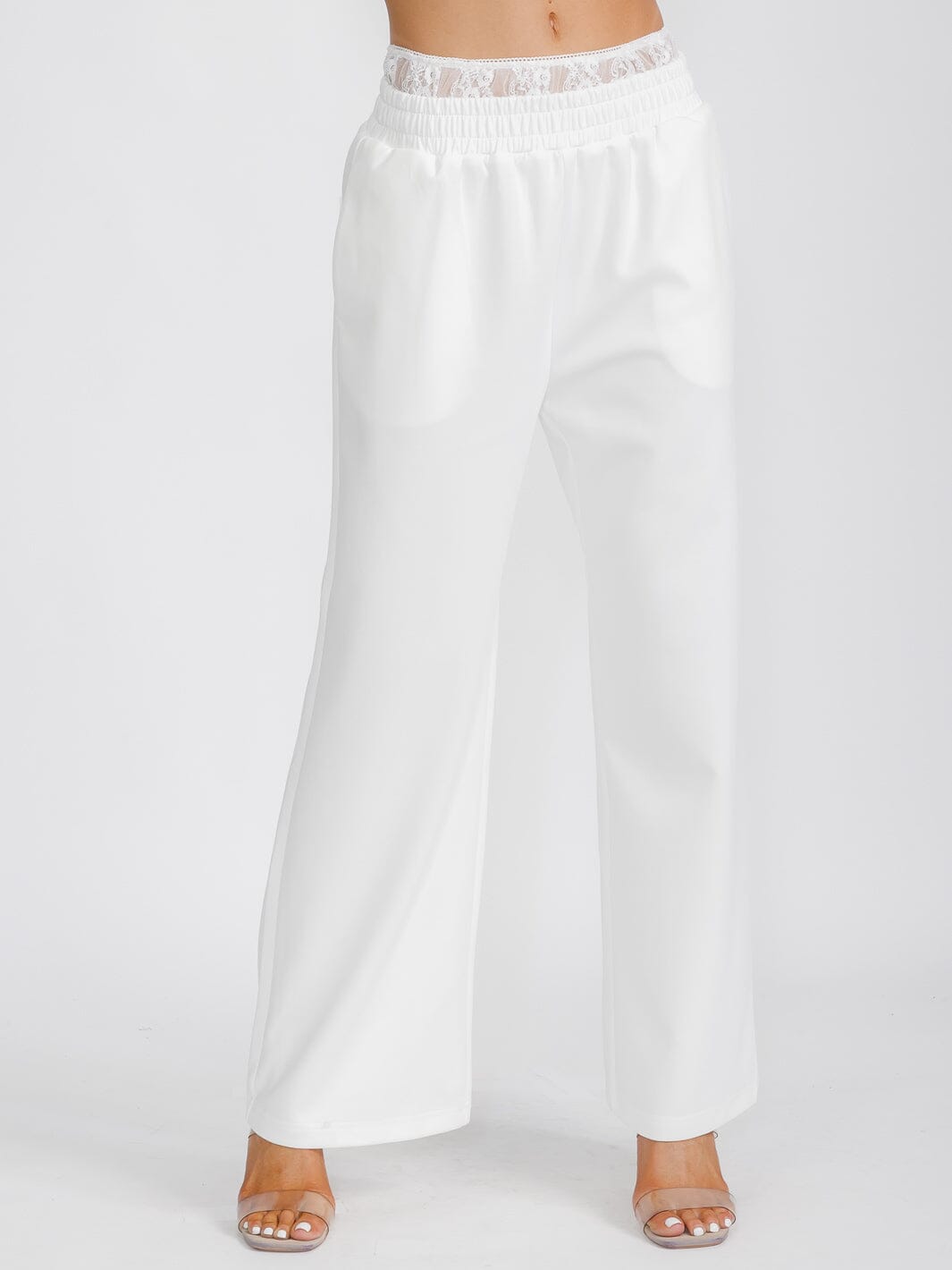 WOMEN'S ELASTIC LACE WAIST POCKETS WIDE LEG PANTS