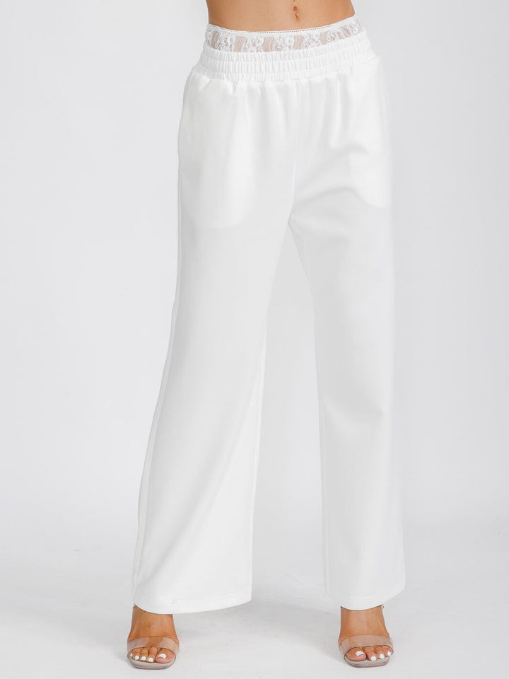 WOMEN'S ELASTIC LACE WAIST POCKETS WIDE LEG PANTS