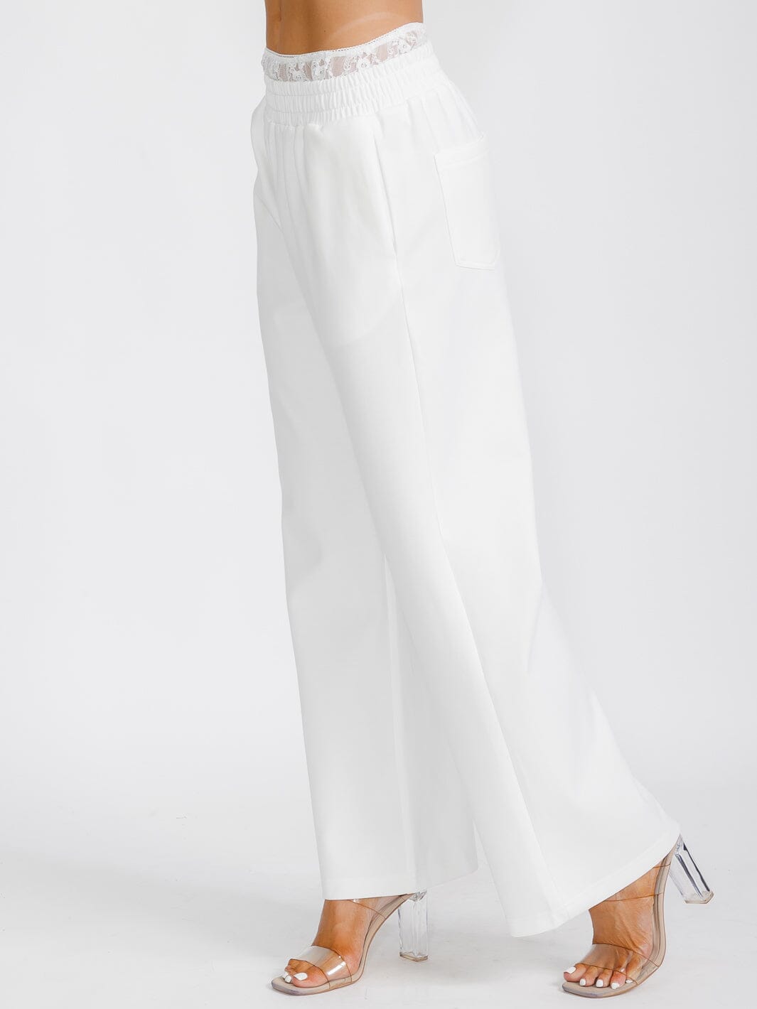 WOMEN'S ELASTIC LACE WAIST POCKETS WIDE LEG PANTS