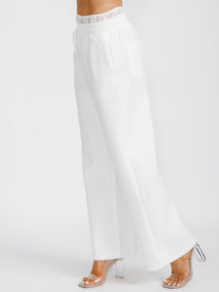 WOMEN'S ELASTIC LACE WAIST POCKETS WIDE LEG PANTS