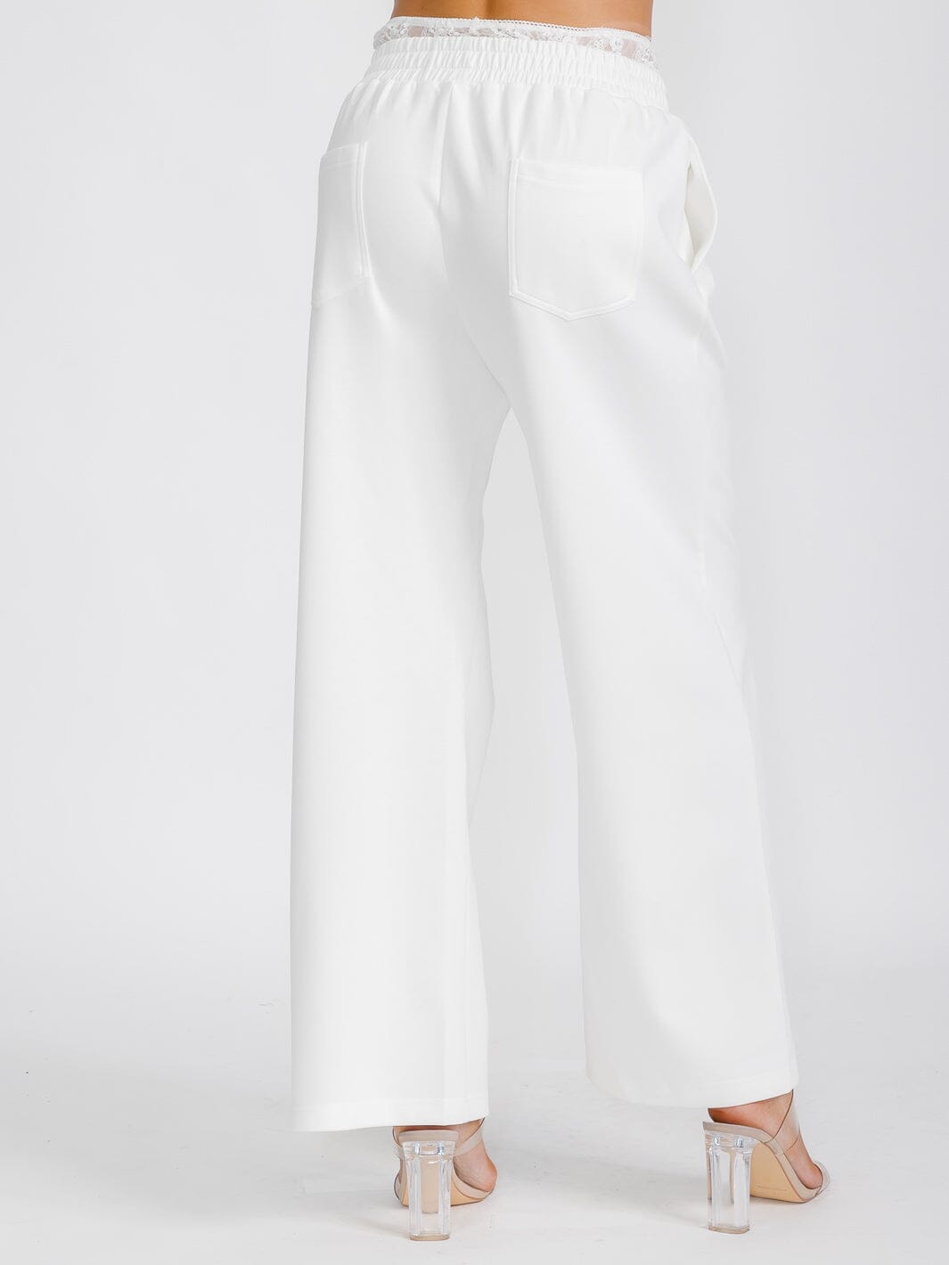 WOMEN'S ELASTIC LACE WAIST POCKETS WIDE LEG PANTS