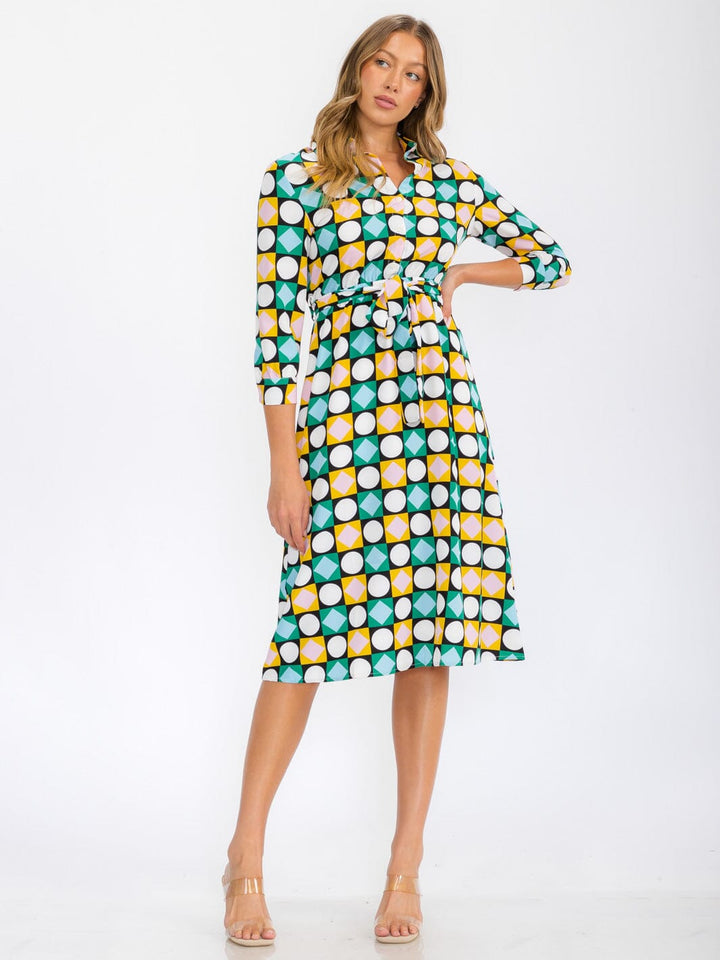 WOMEN'S 3/4 SLEEVES BUTTON UP MULTI PRINT MIDI DRESS
