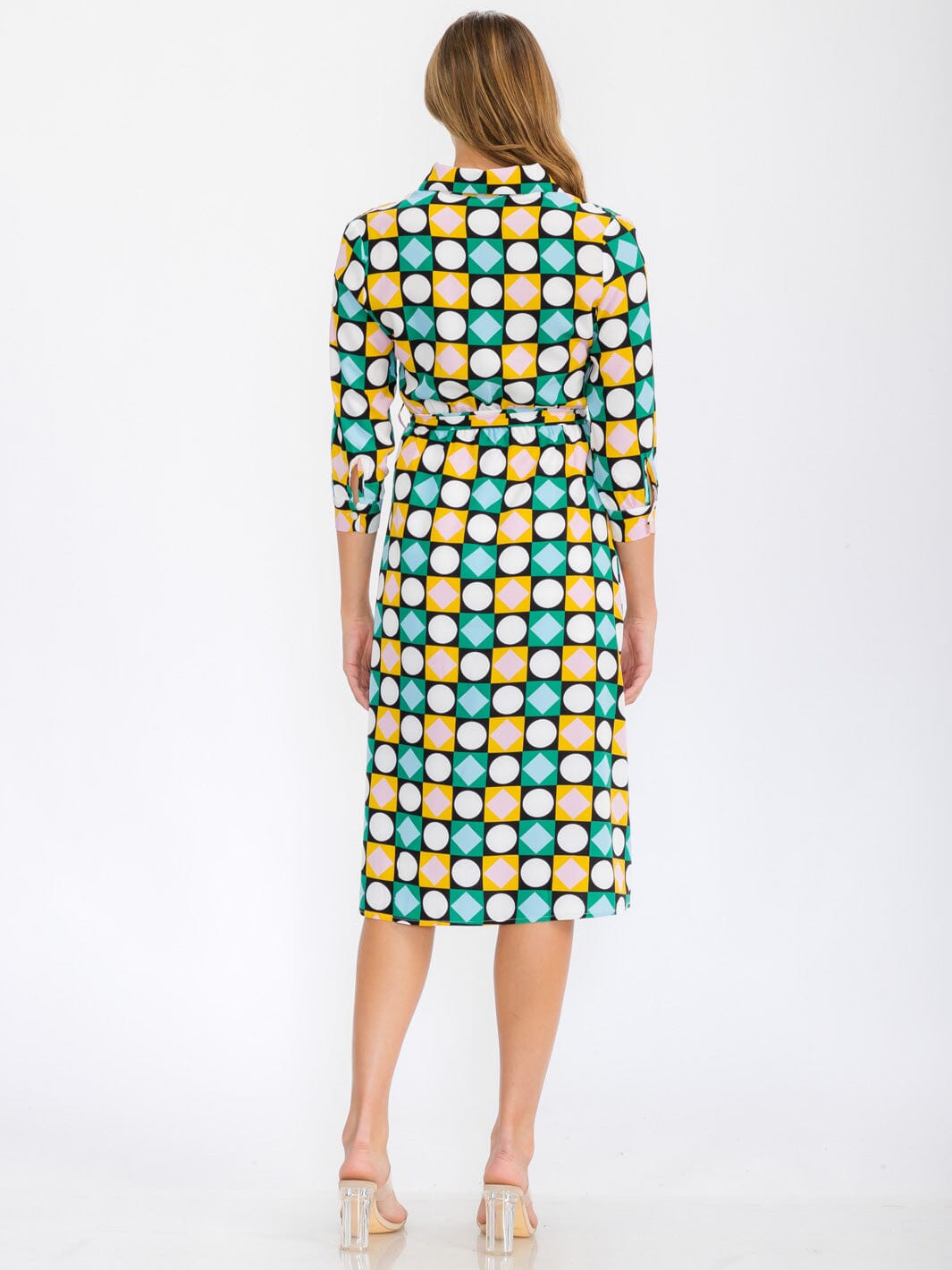 WOMEN'S 3/4 SLEEVES BUTTON UP MULTI PRINT MIDI DRESS
