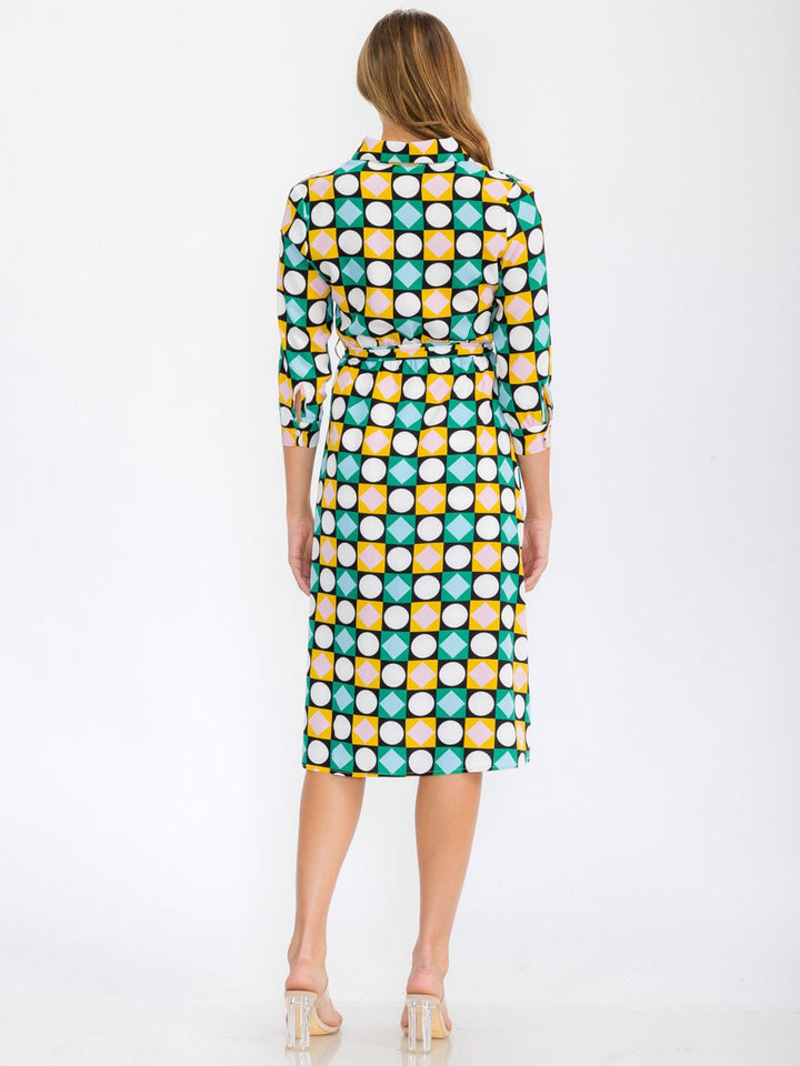 WOMEN'S 3/4 SLEEVES BUTTON UP MULTI PRINT MIDI DRESS