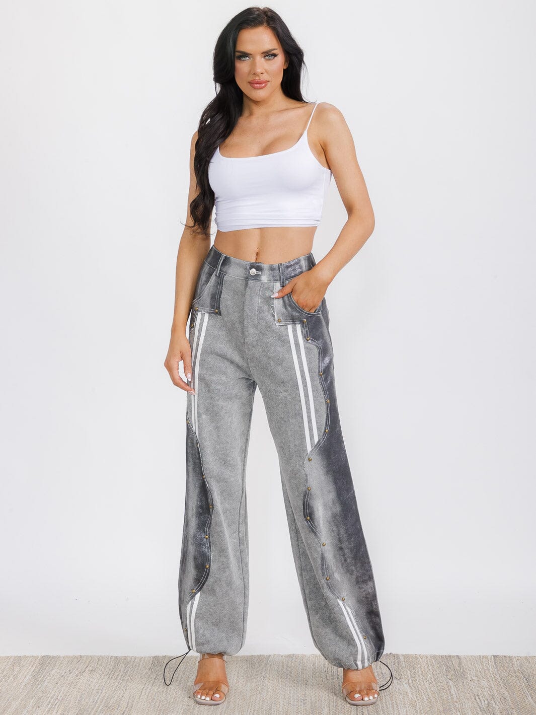 WOMEN'S BUTTON CLOSURE POCKETS WIDE LEG CONTRAST DENIM PANTS