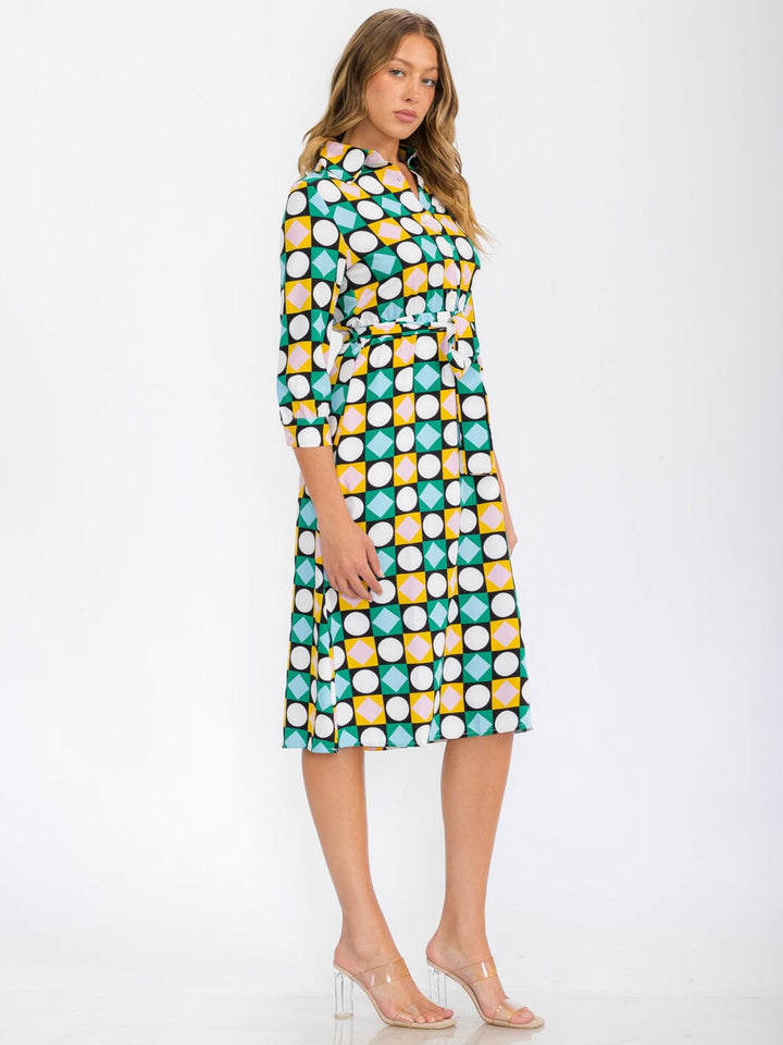 WOMEN'S 3/4 SLEEVES BUTTON UP MULTI PRINT MIDI DRESS
