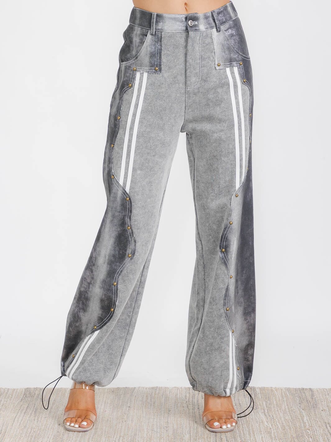 WOMEN'S BUTTON CLOSURE POCKETS WIDE LEG CONTRAST DENIM PANTS