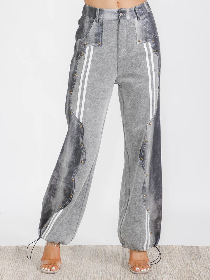 WOMEN'S BUTTON CLOSURE POCKETS WIDE LEG CONTRAST DENIM PANTS