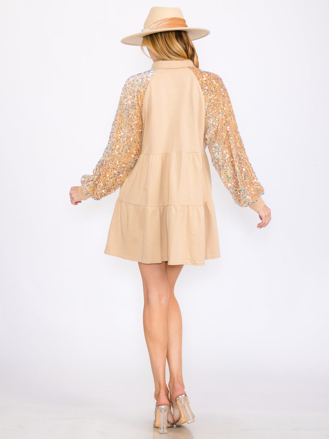 WOMEN'S LONG SEQUINS SLEEVES TIERED POCKETS TUNIC MINI DRESS