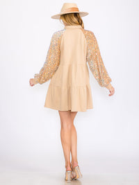 WOMEN'S LONG SEQUINS SLEEVES TIERED POCKETS TUNIC MINI DRESS