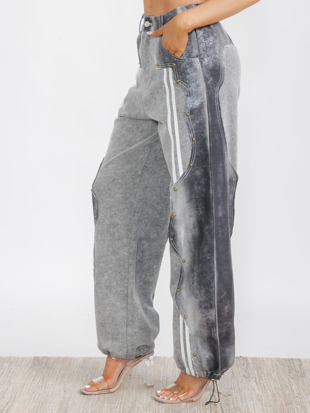 WOMEN'S BUTTON CLOSURE POCKETS WIDE LEG CONTRAST DENIM PANTS