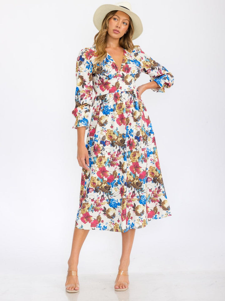 WOMEN'S 3/4 SLEEVES V-NECK ELASTIC WAIST FLORAL PRINT MIDI DRESS