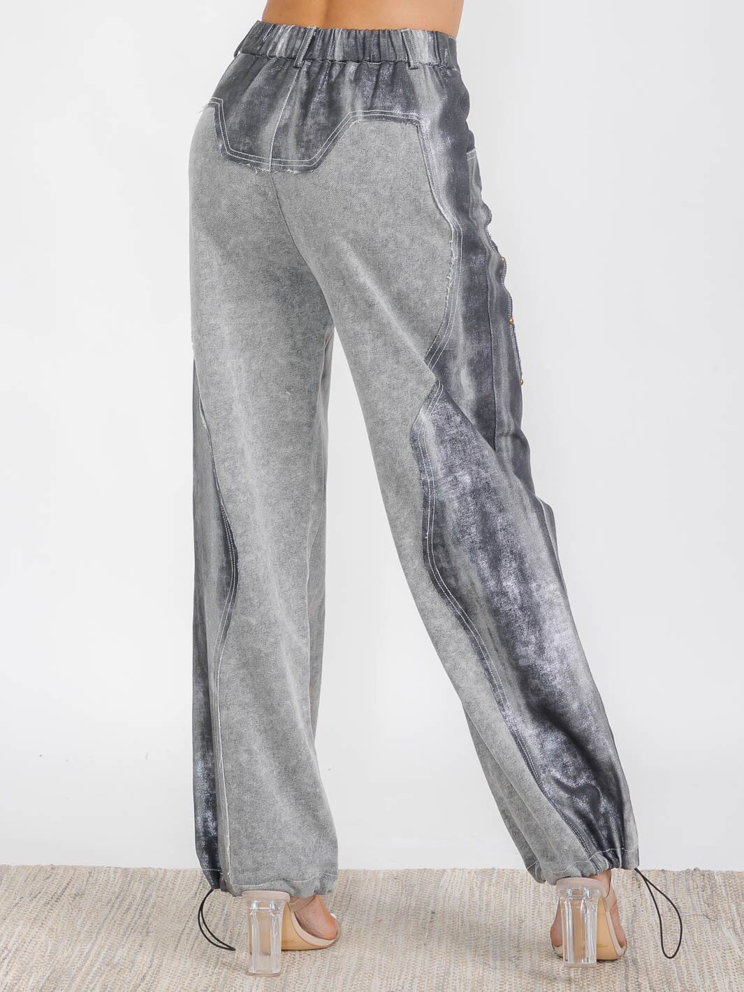 WOMEN'S BUTTON CLOSURE POCKETS WIDE LEG CONTRAST DENIM PANTS