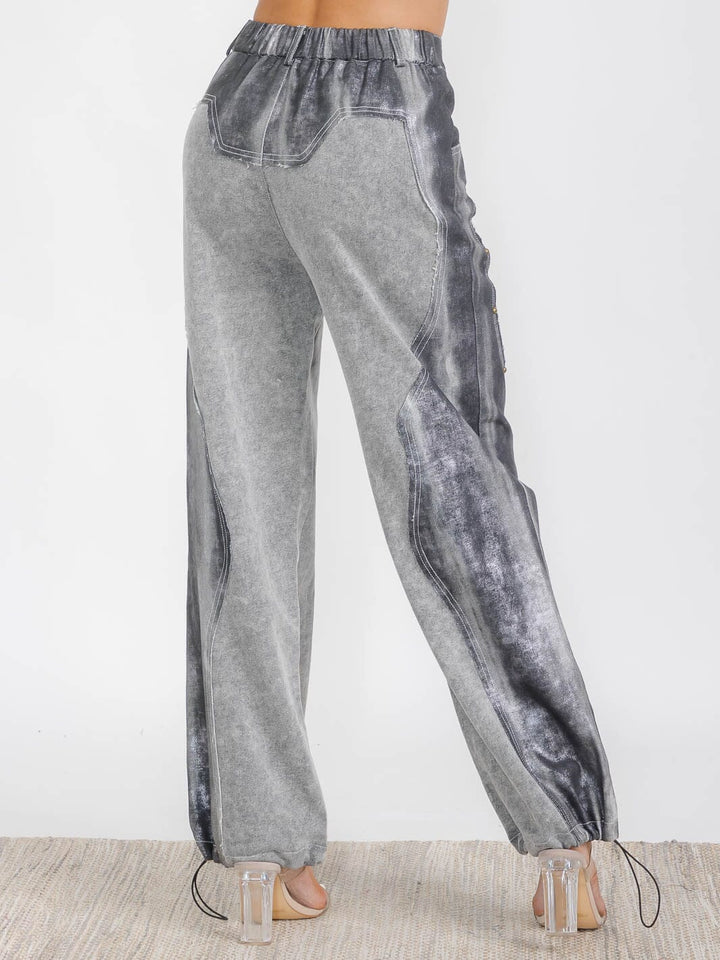 WOMEN'S BUTTON CLOSURE POCKETS WIDE LEG CONTRAST DENIM PANTS