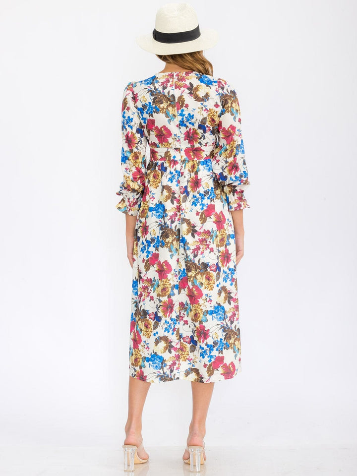 WOMEN'S 3/4 SLEEVES V-NECK ELASTIC WAIST FLORAL PRINT MIDI DRESS