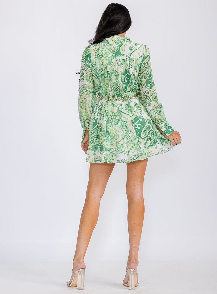 WOMEN'S LONG SLEEVES BUTTON UP ELASTIC WAIST SELF TIE MULTI PRINT MINI DRESS