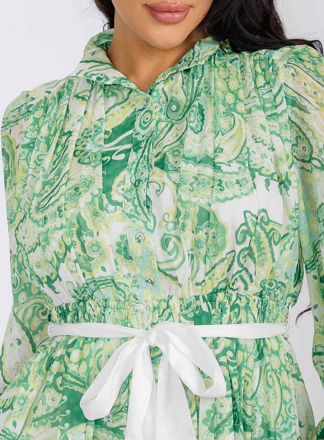 WOMEN'S LONG SLEEVES BUTTON UP ELASTIC WAIST SELF TIE MULTI PRINT MINI DRESS