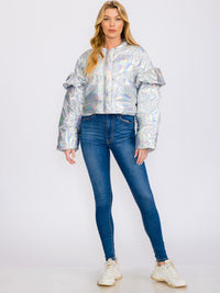 WOMEN'S RUFFLE LONG SLEEVES ZIP UP FRONT POCKETS METALLIC PUFFER JACKET