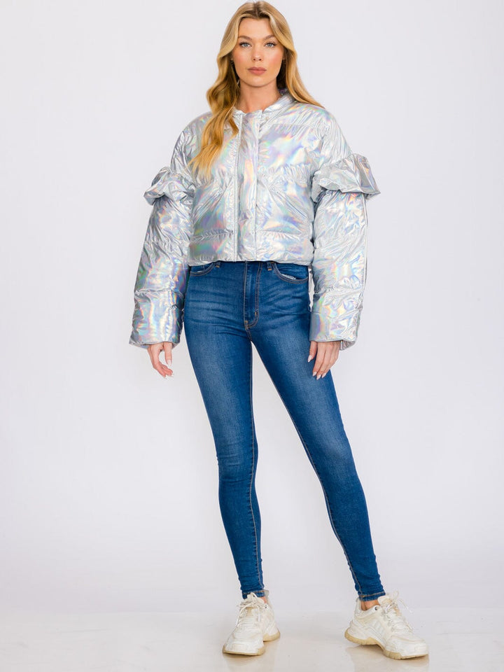 WOMEN'S RUFFLE LONG SLEEVES ZIP UP FRONT POCKETS METALLIC PUFFER JACKET