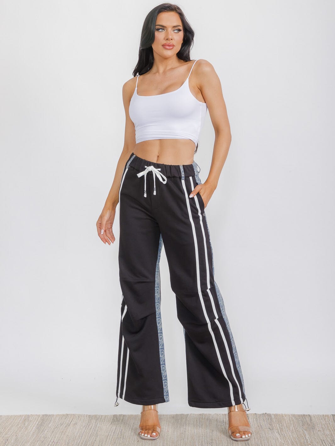 WOMEN'S ELASTIC WAIST SELF TIE POCKETS WIDE LEG CONTRAST PRINT DENIM PANTS