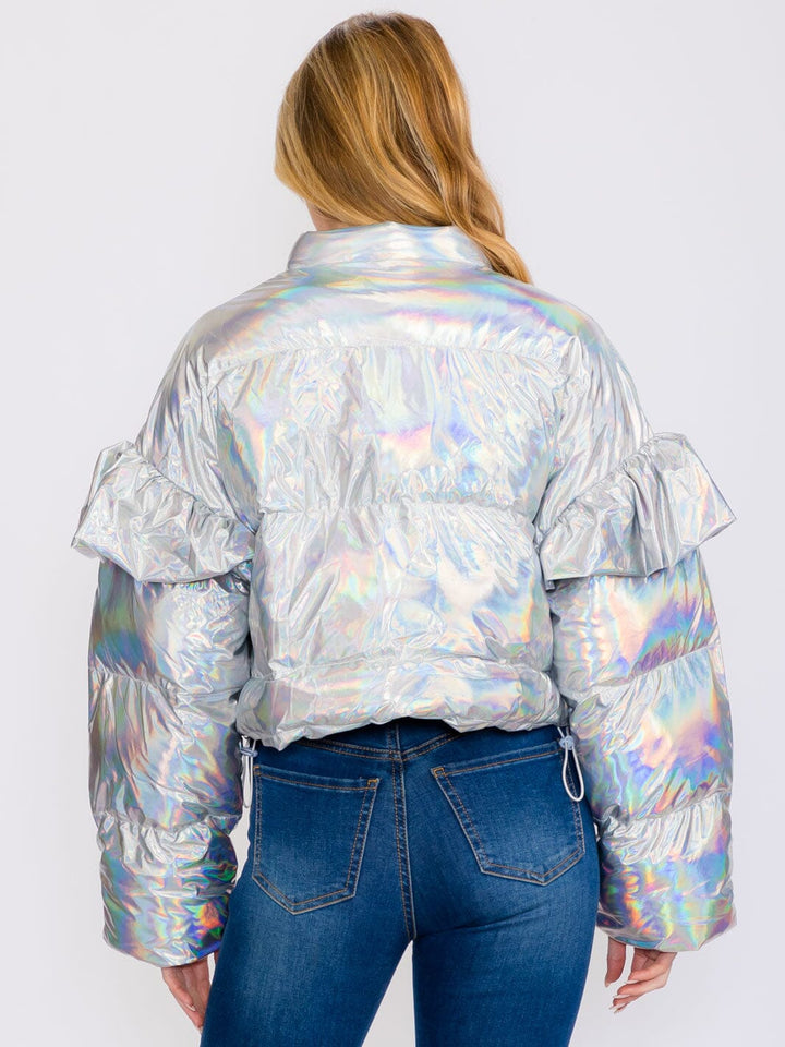 WOMEN'S RUFFLE LONG SLEEVES ZIP UP FRONT POCKETS METALLIC PUFFER JACKET