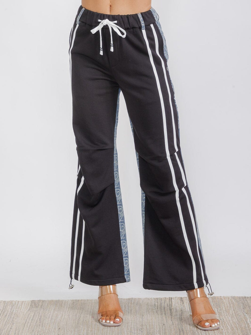 WOMEN'S ELASTIC WAIST SELF TIE POCKETS WIDE LEG CONTRAST PRINT DENIM PANTS