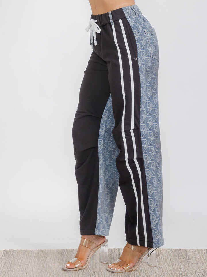 WOMEN'S ELASTIC WAIST SELF TIE POCKETS WIDE LEG CONTRAST PRINT DENIM PANTS