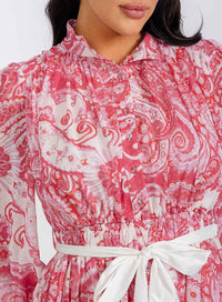 WOMEN'S LONG SLEEVES BUTTON UP ELASTIC WAIST SELF TIE MULTI PRINT MINI DRESS