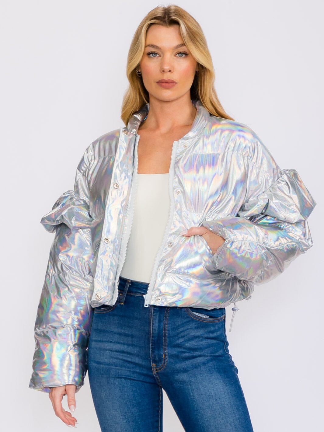 WOMEN'S RUFFLE LONG SLEEVES ZIP UP FRONT POCKETS METALLIC PUFFER JACKET
