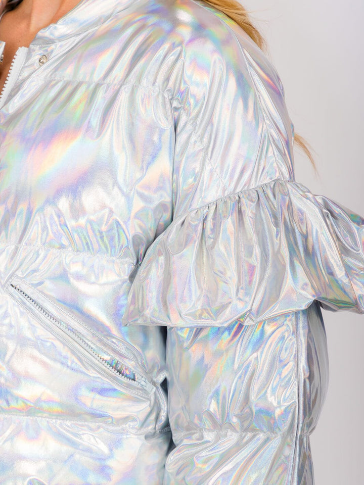 WOMEN'S RUFFLE LONG SLEEVES ZIP UP FRONT POCKETS METALLIC PUFFER JACKET