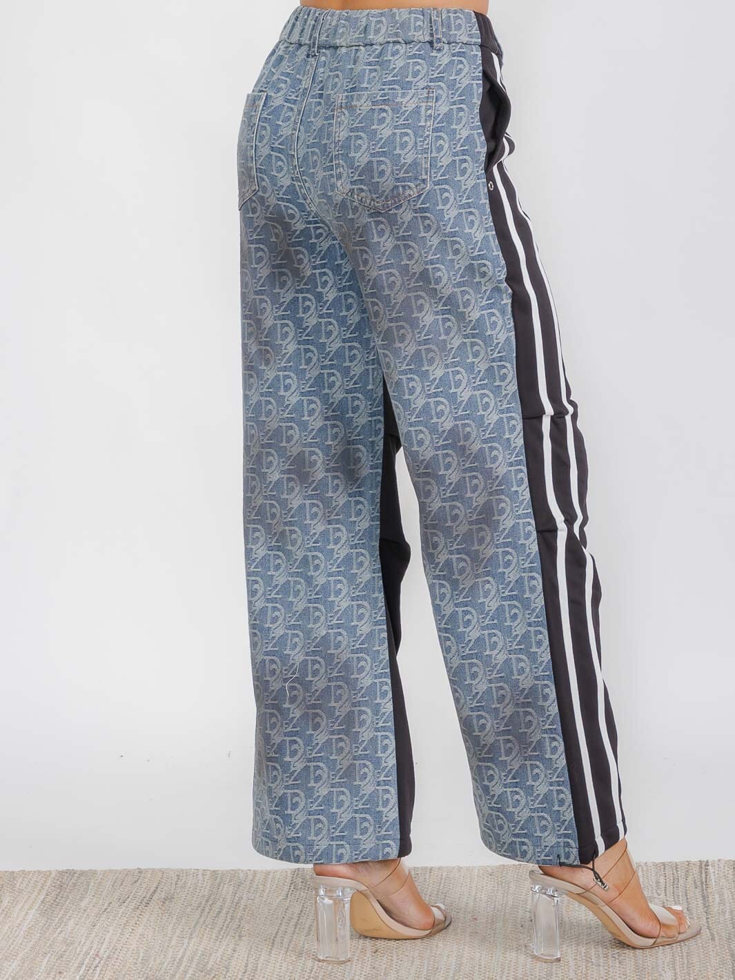WOMEN'S ELASTIC WAIST SELF TIE POCKETS WIDE LEG CONTRAST PRINT DENIM PANTS