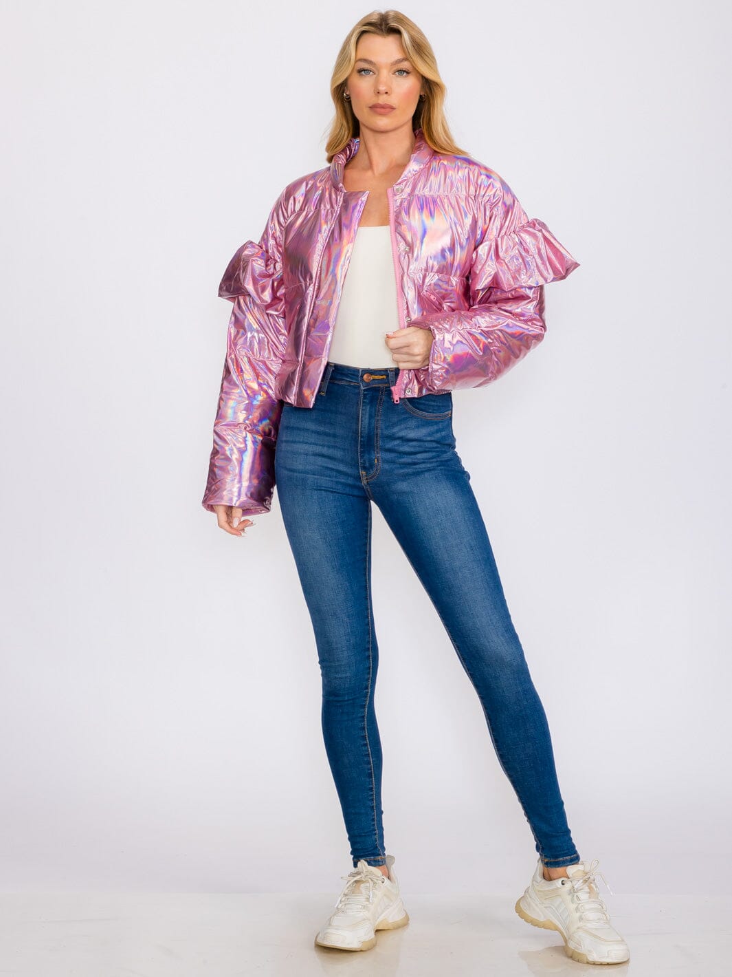 WOMEN'S RUFFLE LONG SLEEVES ZIP UP FRONT POCKETS METALLIC PUFFER JACKET