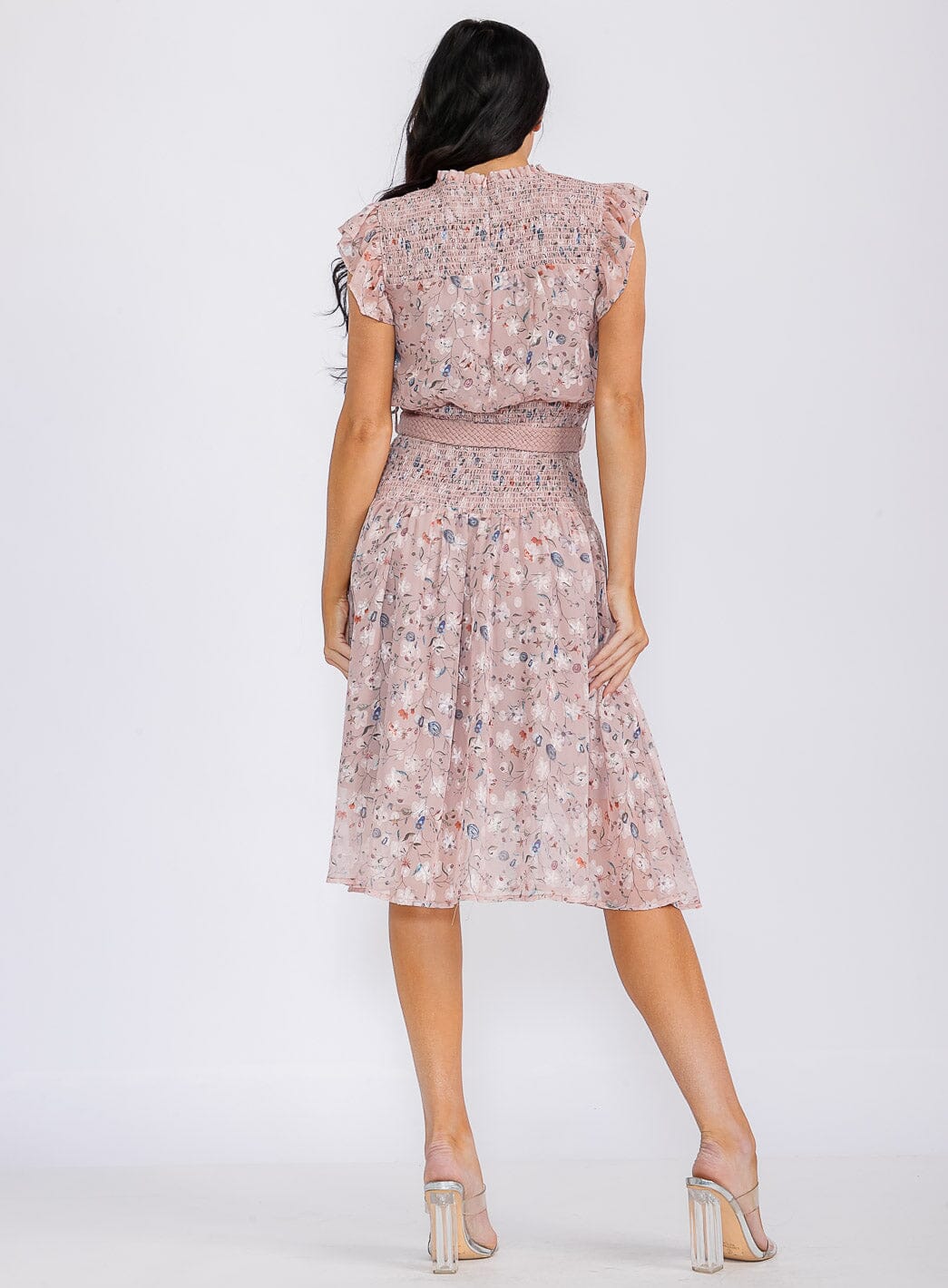 WOMEN'S SLEEVELESS SMOCK SELF TIE FLORAL PRINT MIDI DRESS