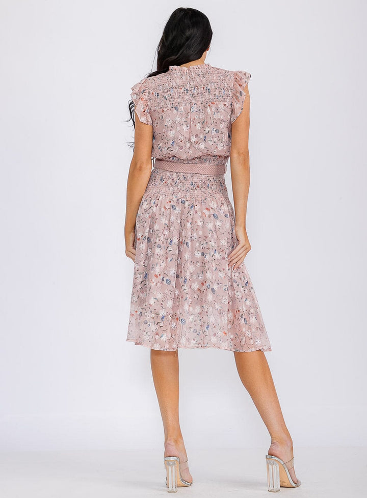 WOMEN'S SLEEVELESS SMOCK SELF TIE FLORAL PRINT MIDI DRESS