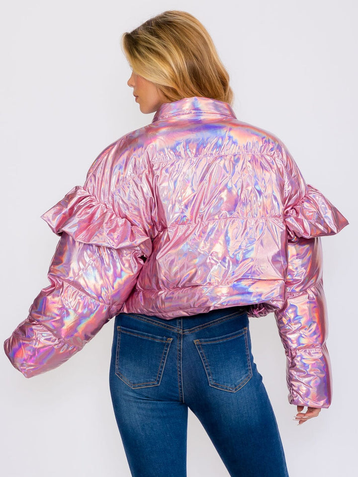 WOMEN'S RUFFLE LONG SLEEVES ZIP UP FRONT POCKETS METALLIC PUFFER JACKET