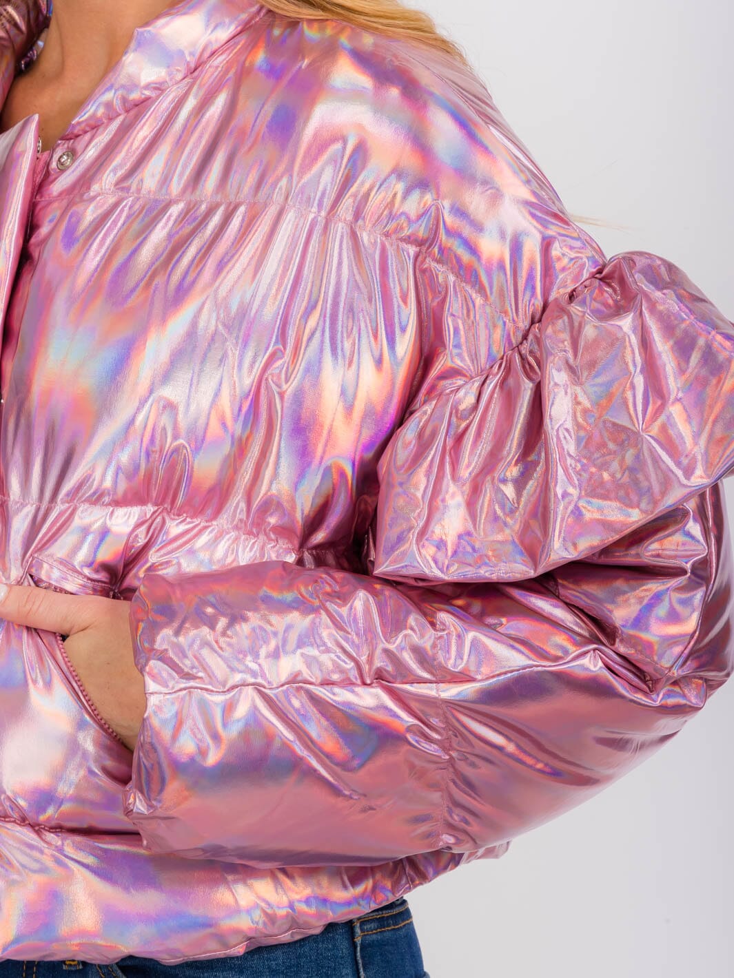 WOMEN'S RUFFLE LONG SLEEVES ZIP UP FRONT POCKETS METALLIC PUFFER JACKET