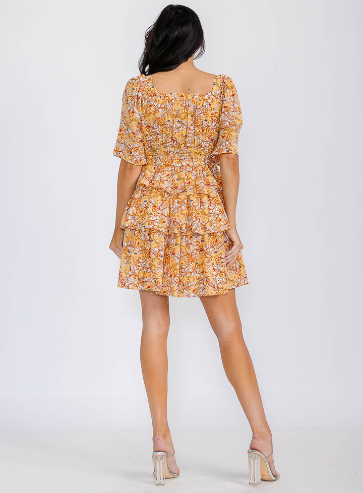 WOMEN'S SHORT SLEEVE SMOCK SELF TIE RUFFLE TIERED FLORAL PRINT MINI DRESS