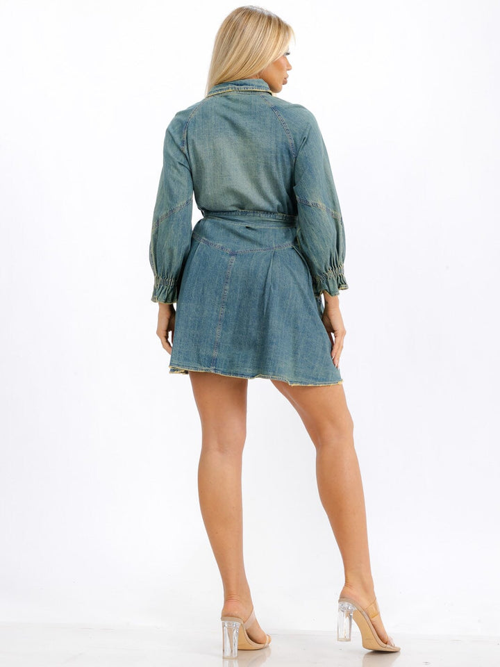 WOMEN'S LONG SLEEVES BUTTON UP FRONT POCKETS DENIM MINI DRESS