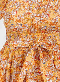 WOMEN'S SHORT SLEEVE SMOCK SELF TIE RUFFLE TIERED FLORAL PRINT MINI DRESS