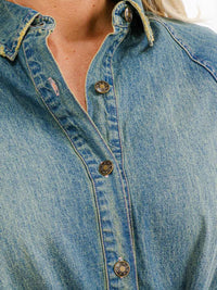 WOMEN'S LONG SLEEVES BUTTON UP FRONT POCKETS DENIM MINI DRESS