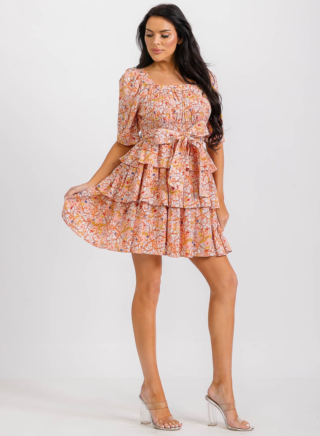 WOMEN'S SHORT SLEEVE SMOCK SELF TIE RUFFLE TIERED FLORAL PRINT MINI DRESS