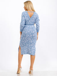 WOMEN'S LONG SLEEVES SURPLICE SELF TIE SLIT ANIMAL PRINT MIDI DRESS