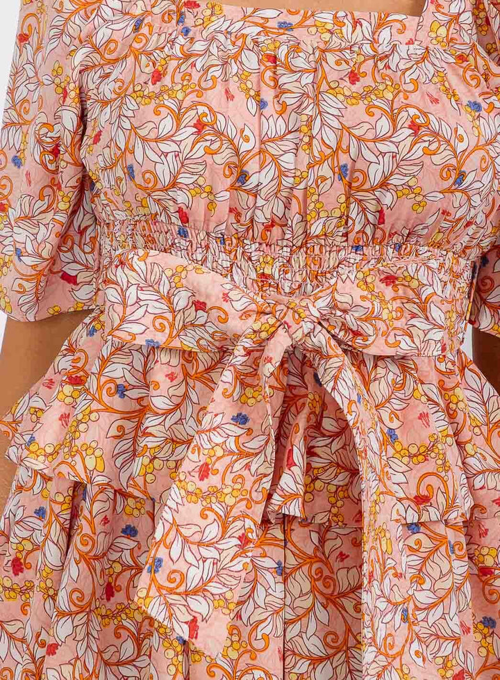 WOMEN'S SHORT SLEEVE SMOCK SELF TIE RUFFLE TIERED FLORAL PRINT MINI DRESS