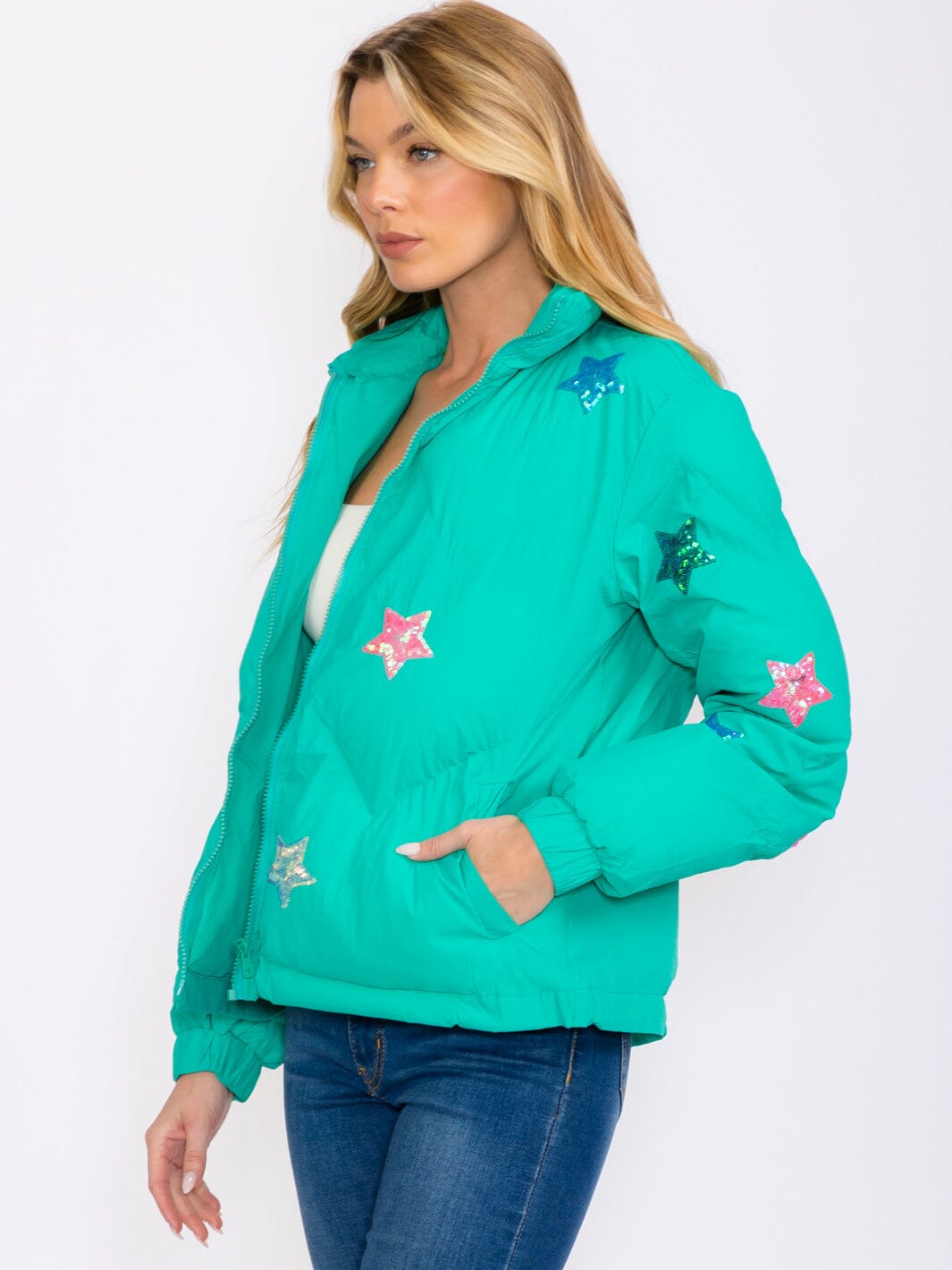 WOMEN'S LONG SLEEVES ZIP UP FRONT POCKETS STAR SEQUINS PRINT PUFFER JACKET