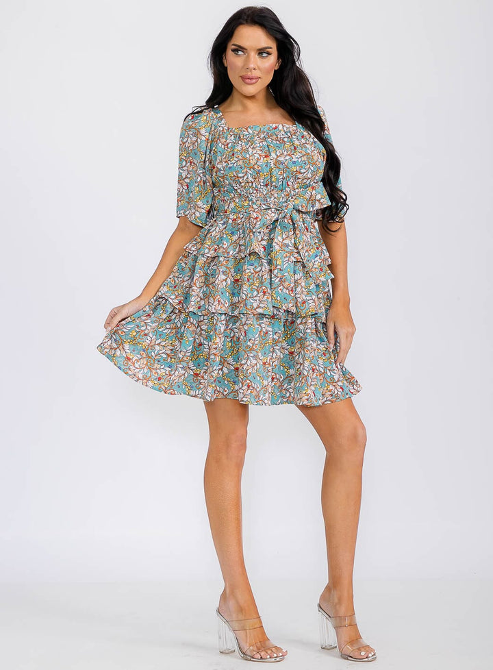 WOMEN'S SHORT SLEEVE SMOCK SELF TIE RUFFLE TIERED FLORAL PRINT MINI DRESS