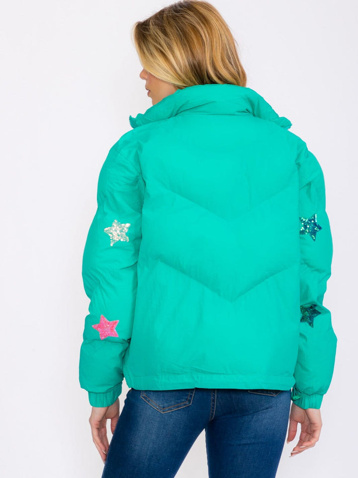 WOMEN'S LONG SLEEVES ZIP UP FRONT POCKETS STAR SEQUINS PRINT PUFFER JACKET