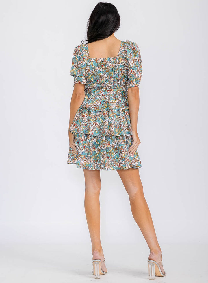 WOMEN'S SHORT SLEEVE SMOCK SELF TIE RUFFLE TIERED FLORAL PRINT MINI DRESS