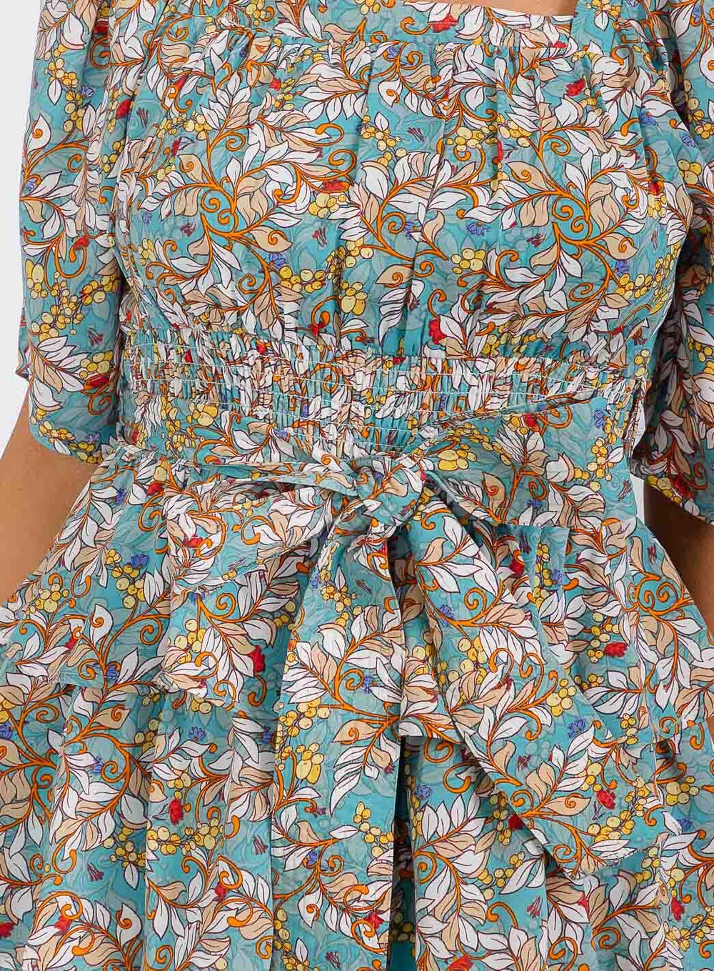 WOMEN'S SHORT SLEEVE SMOCK SELF TIE RUFFLE TIERED FLORAL PRINT MINI DRESS